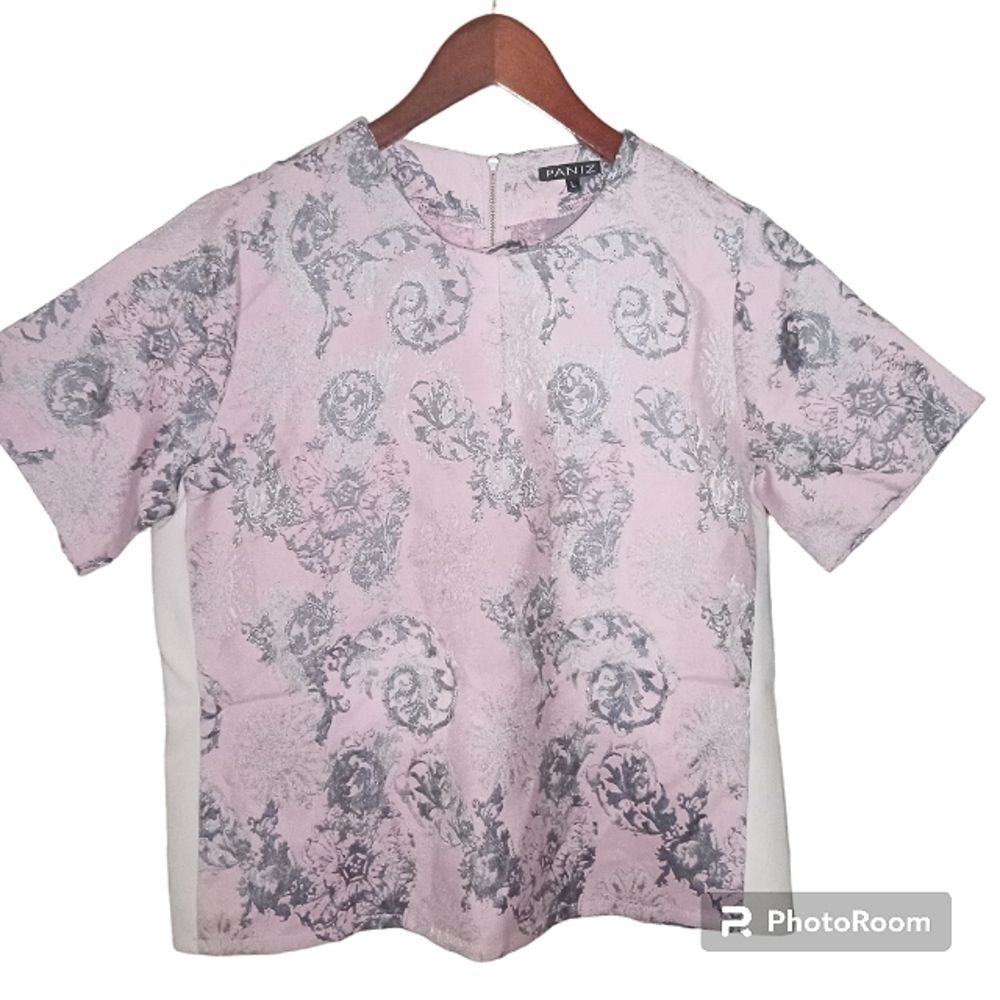 PANIZ Pink and Silver Broocade Print Short Sleeve Top Size L